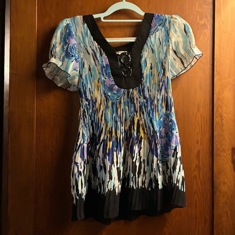 Nicola Abstract Pleated Blouse M | 2000s Y2K Inspired Puff Sleeve Tunic Top